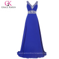 Grace Karin Sexy V profundo cuello en V A-Line Backless largo vestido de noche formal azul CL4410